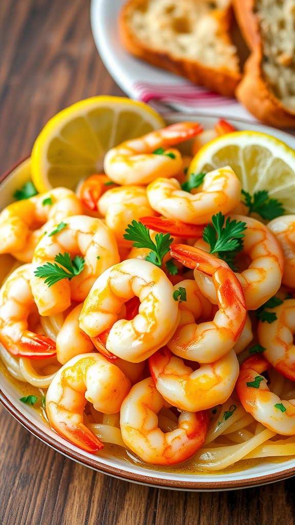 A delicious serving of garlic butter shrimp garnished with parsley and lemon, served with pasta on a wooden table.